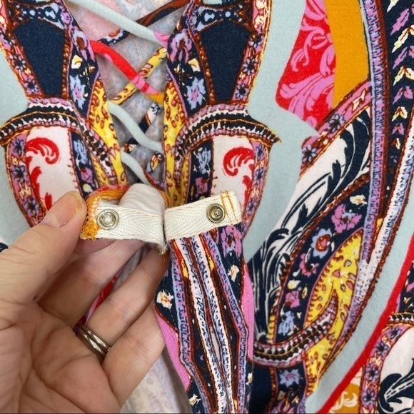 Free People Pick a Place Multicolored Bodysuit Faux Lace Up Front Snap Crotch M - Picture 11 of 14